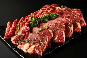 Overhead shot of an assortment of premium Wagyu beef slices, beautifully arranged with edible flowers on a black surface