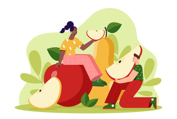 People with apple and pear. Man and woman with natural and fresh fruits. Healthy food and proper nutrition with vitamins. Vegetarians with ripe eating. Flat vector illustration
