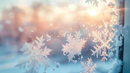 Close up of intricate snowflakes on a frosty window pane, with a blurred winter landscape outside