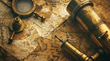 Fototapeta premium An aged map accompanied by navigational items like an old telescope and a compass, symbolizing the spirit of exploration and the historical quest for discovering new lands.