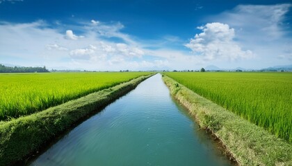 water canal with water flowing in rice fields in the background is an open field of green paddy fields and blue sky with white clouds