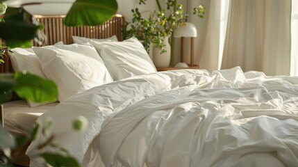 Cozy home bed with white sheets