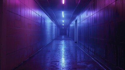 Fototapeta premium corridor stretches into darkness dotted with lights leading distant glow