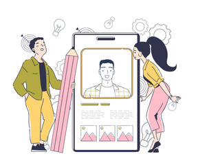 Personal brand concept. Man and woman near smartphone screen create profile for company or company. Rebranding and promotion on Internet. Linear vector illustration isolated on white background