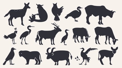 This collection features diverse animal silhouettes set against a neutral background, highlighting the range of wildlife, including terrestrial and aquatic species.