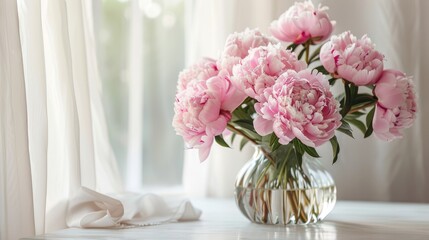 Pink peonies in vase on home table, space for text. Decor