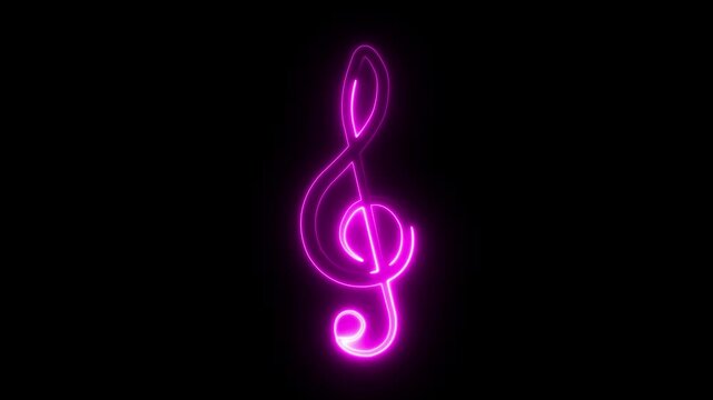 Treble Clef. Musical note. One line art. Song Element Icon. Musical notation.  Hand drawn continuous contour drawing. Neon Line art. Music art. Music love. Isolated on black. Music symbol. Sheet music