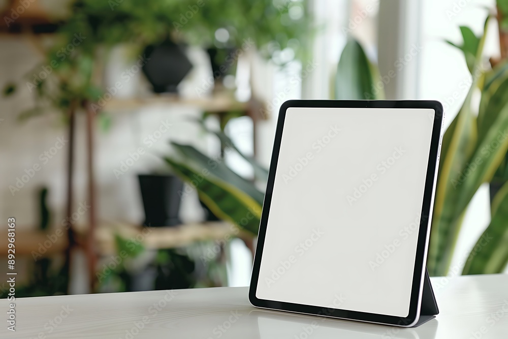 Poster tablet on table with green plants in background