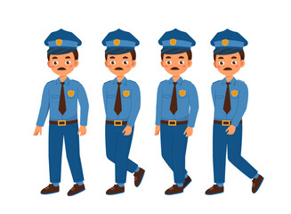 Police officer set. Sheriff with badge in uniform. Pack of characters in different viewing angles. Design elements for creating animations. Flat vector collection isolated on white background
