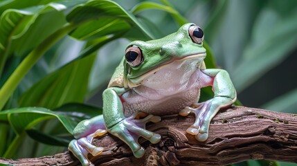 A close-up image of a frog sitting on a branch, with large green leaves in the background. The frog's unique features and habitat are clearly visible in natural lighting.