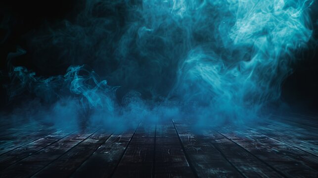 A surreal image of blue smoke swirling over a dark wooden floor, creating a mysterious and calming ambiance, perfect for modern art enthusiasts.