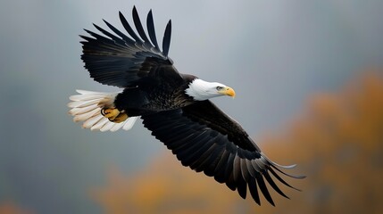 Obraz premium A majestic bald eagle with its white head and impressive wingspan soars gracefully against a blurred background, exhibiting the essence of freedom and strength.