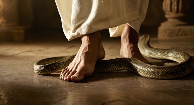 Closeup Jesus Christ crushing snake head with his feet as bible said.