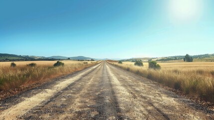 Naklejka premium Country road stretching into the distance with heat waves rising from the surface, emphasizing the intensity of the heatwave, clear blue sky above 