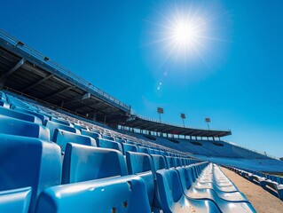 Obraz premium Heatwaves rising from a sun-drenched stadium with empty stands, emphasizing the impact of the heatwave on outdoor activities, clear blue sky above 