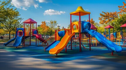 Lively city park playground with colorful equipment and no people, offering a vibrant and inviting atmosphere for children's play 