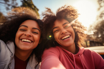 Fototapeta premium Two college age, African-American women, taking a selfie together and laughing