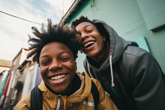 To high school or college age African-American kids, having fun downtown and laughing together taking a selfie