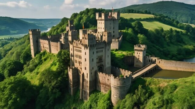 A majestic castle perched on a high cliff, surrounded by a moat with a drawbridge and lush green hills in the background