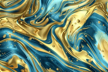 Fototapeta premium Golden and blue liquid texture with abstract, mesmerizing patterns resembling flowing fluid, featuring intricate swirls and captivating details