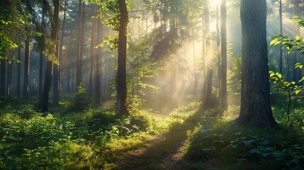 Obraz premium Sunlight beams through a dense forest, illuminating lush greenery and creating a mystical ambiance that evokes a sense of peace and connection with nature.