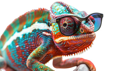 Colorful chameleon lizard with sunglasses isolated on transparent background, png file, fun exotic pet, creative colors concept