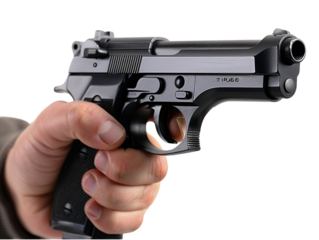 Close up of a man hand shooting vintage pistol, side view isolated on transparent background, png