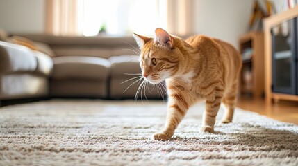 orange cat pacing carpet before living room couch