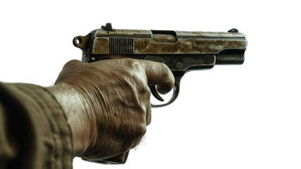 Close up of a man hand shooting vintage pistol, side view isolated on transparent background, png