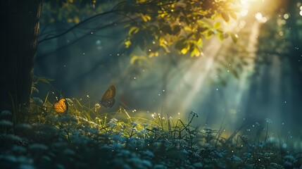 A tranquil forest clearing bathed in sunlight sees butterflies fluttering among flowers, evoking a serene and dreamlike scene that resonates with nature's pure beauty.