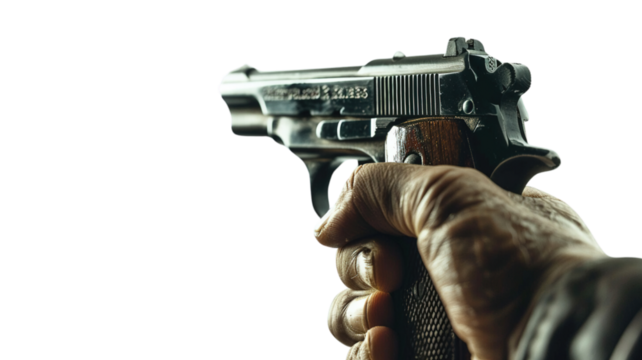 Close up of a man hand shooting vintage pistol, side view isolated on transparent background, png