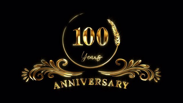100th Anniversary Celebration. Golden 100 Years Anniversary Animation in Gold Color on the Transparent Background, Alpha Channel. Great for greetings, celebrations, events, and gifts.