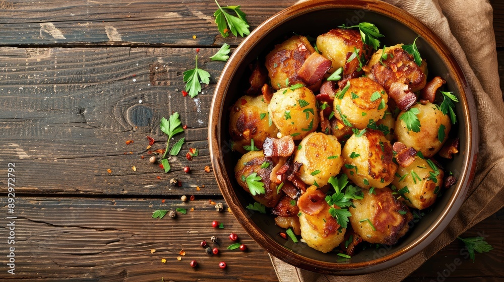 Sticker dumplings potatoes and bacon in a bowl on a wooden table from top view with space for text