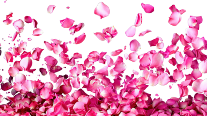 Photo of vibrant pink rose flowers petals falling on transparent background, png file. Petal rain, Wedding celebration, Valentines day card, romantic overlay