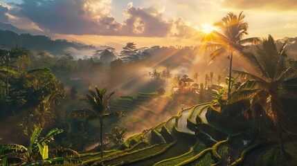A breathtaking sunrise over the lush green rice terraces in Bali, surrounded by tall palm trees, and mist-covered hills, capturing the serenity and beauty of nature.
