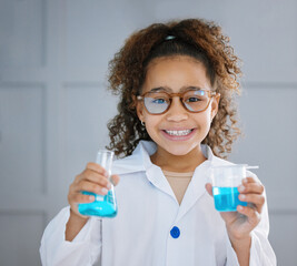 Beaker, portrait and science with girl child in laboratory for experiment, investigation or reaction. Chemical, liquid and smile of happy student scientist in lab coat for breakthrough or discovery