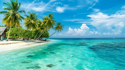 Naklejka premium A stunning tropical beach with crystal-clear water, lush green palm trees swaying against a bright and clear blue sky, an ideal image for summer travel and leisure themes.