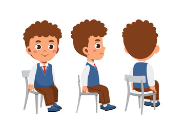 Schoolboy constructor set. Boy in school uniform sit at chair. Pack of characters in different viewing angles. Design elements for creating animations. Child at lesson. Flat vector collection