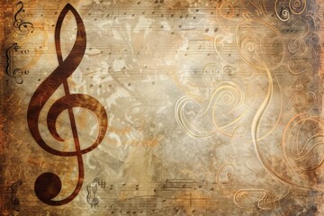 Vintage treble clef surrounded by swirling music notes in muted earth tones, set on a worn, textured surface for a retro music-inspired background