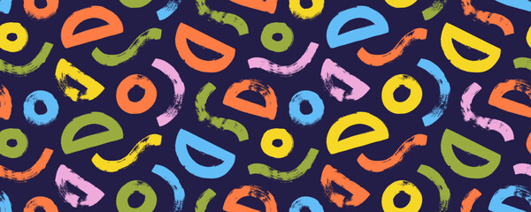 Fototapeta premium Colorful childish seamless pattern with bold geometric shapes and lines. Brush drawn waves and semicircles. Modern abstract background with bright grunge doodle style elements.