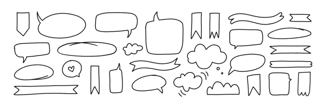 Set of hand drawn doodle speech bubbles and ribbons. Various vector doodle talk balloon shapes, outline ribbon banners. Emphasis speech bubble elements, cute conversation icons. Childish banners.