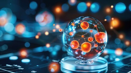 Futuristic science visualization of molecular structure in digital sphere, glowing with vibrant colors and high-tech elements.