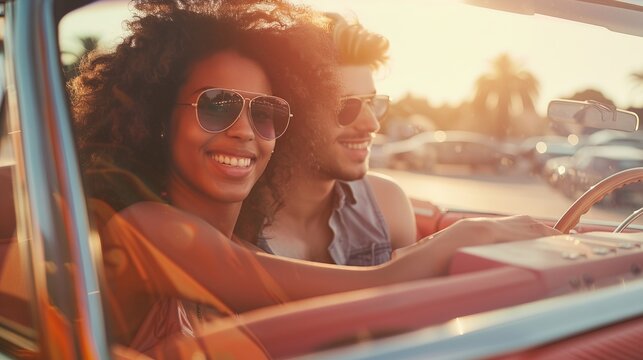 Two friends enjoying a sunny day drive in a convertible, with wide smiles and sunglasses, capturing the essence of freedom, youth, and joyful companionship in a vibrant setting.
