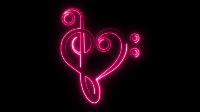 Music note with Heart. Musical note heart. Line art. Song Element Icon. Love music composition concept. Hand drawn continuous contour drawing outline. Romantic song. Neon animation. Music art.