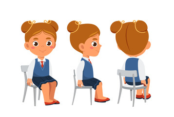 Schoolgirl constructor set. Girl in school uniform sit at chair. Pack for characters construction. Design elements for creating animations. Child at lesson. Flat vector collection