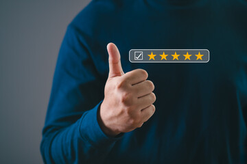 Close-up of a hand showing a thumbs-up gesture with a five-star rating overlay, signifying positive feedback and excellent customer satisfaction.