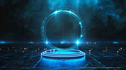 An illuminated digital blue circle with a luminous base, set against a dark and intricate floor, creating an enigmatic and futuristic technological visualization.