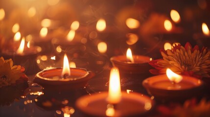warm glow from numerous diwali diyas casts soft light celebrating festival lights