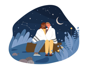 Romantic date at night. Man and woman sit on log and look at stars. Love and romance. Happy couple relaxing in forest. Pair at nature. Flat vector illustration isolated on white background