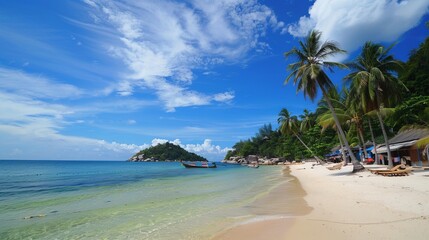 A vibrant tropical beach scene showcasing crystal-clear waters, sandy shores, gently curving palm trees, and a clear blue sky with scattered clouds, perfect for relaxation.